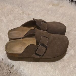 Brown Suede Buckle Clogs
